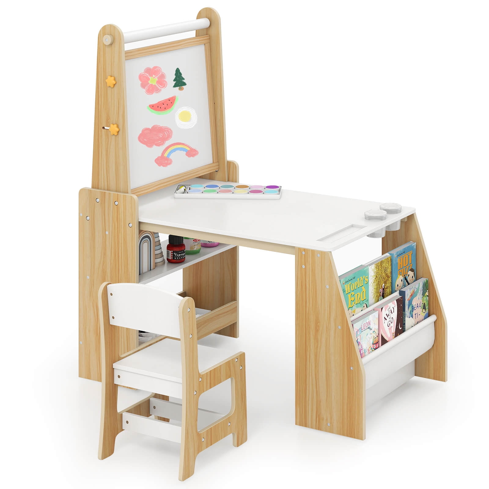 Costway Kids Art Table and Chair Set with Easel & Chair Whiteboard & Chalkboard Paper Roll Natural + White