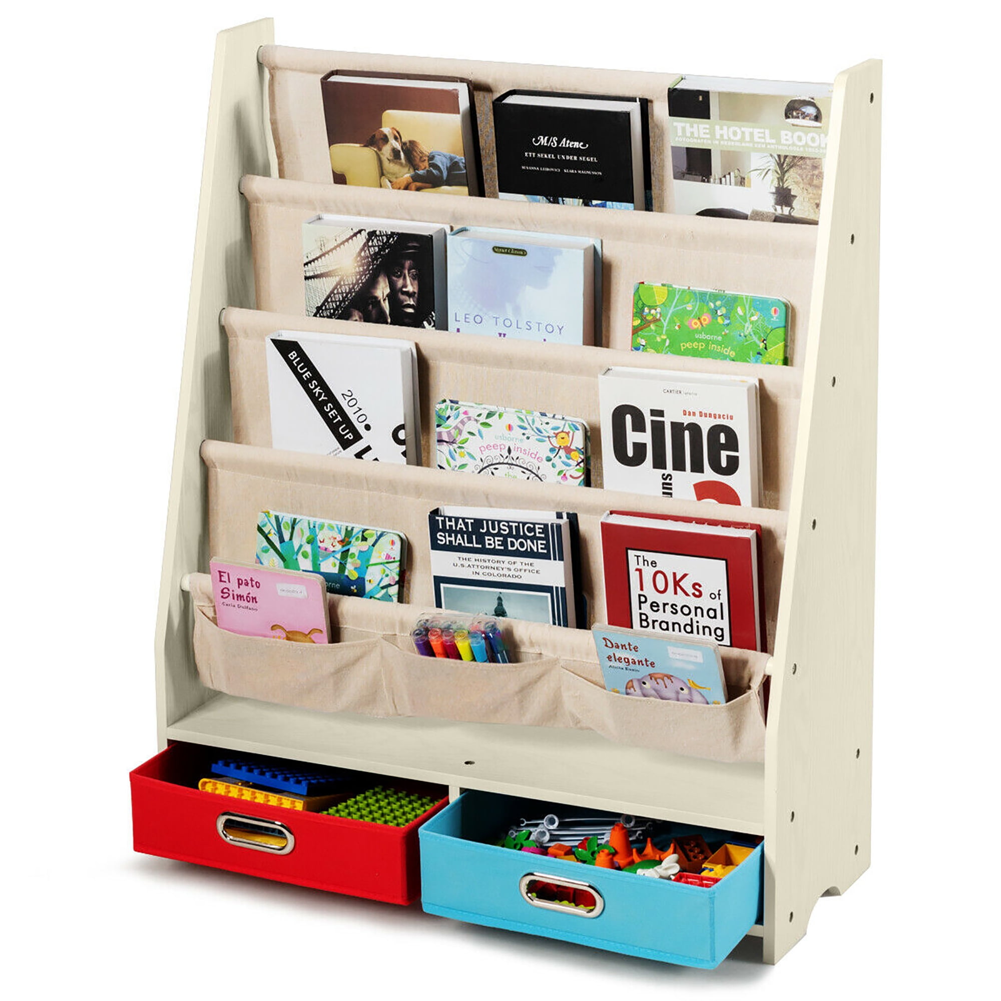 Costway Kids Book Rack Toys Organizer with 4 Sling Bookshelf 2