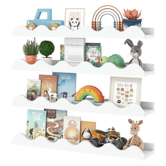 Costway Kids Bookshelf Set of 4 with Fir Wood Structure & Wavy Anti-Falling Edge White