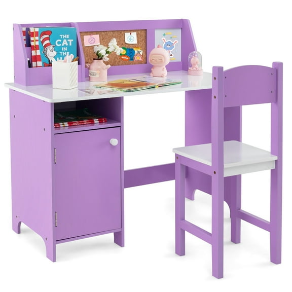 Costway Kids Desk and Chair Set Study Writing Workstation with Bookshelf & Bulletin Board Purple