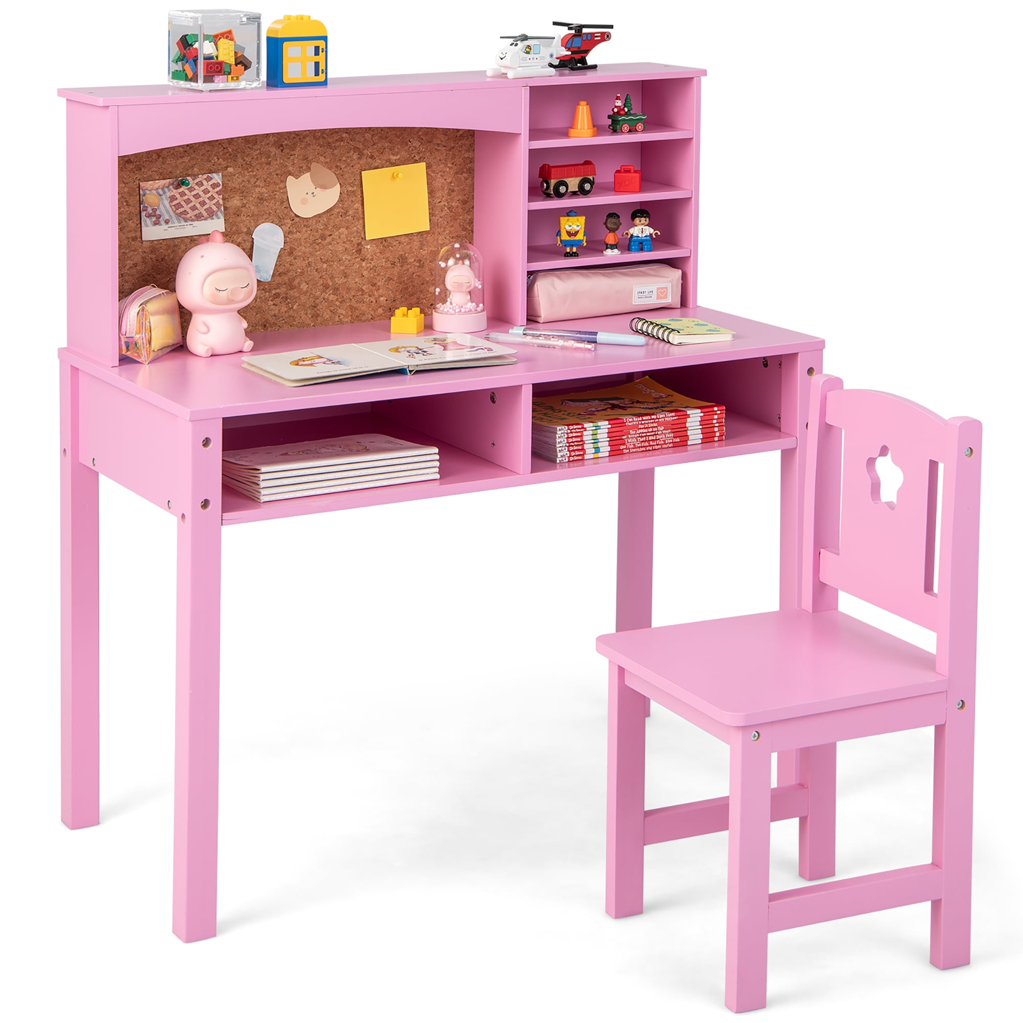 Costway Kids Desk and Chair Set Study Writing Workstation with Hutch Bulletin Board Pink