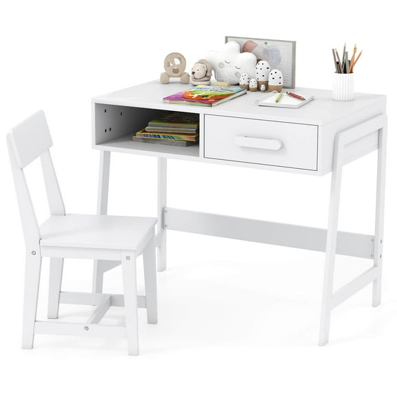 Costway Kids Desk and Chair Set with Storage Drawer and Hutch, Student Writing Desk Set White