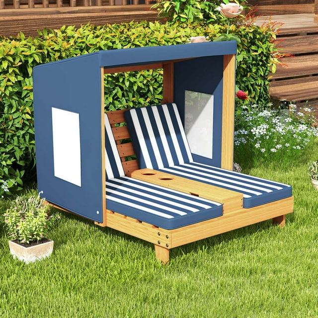 Costway Kids Double Chaise Lounge Patio Lounge Chair with Cup Holders & Awning Blue