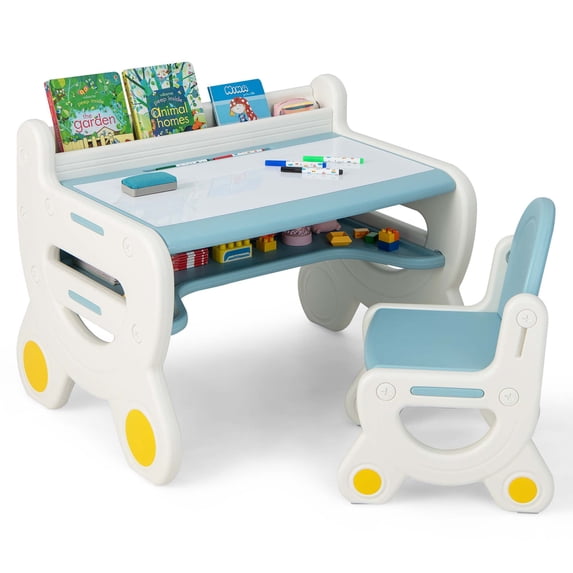 Costway Kids Drawing Activity Table and Chair Set with Storage, Blue