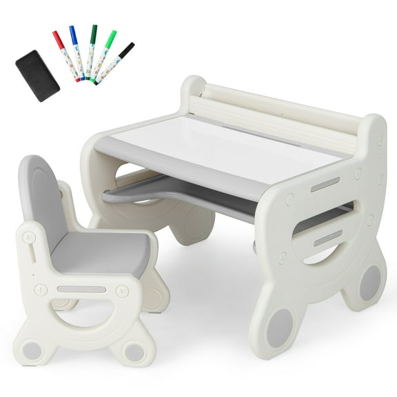Costway Kids Drawing Table & Chair Set for Reading Playing with Pens & Blackboard Eraser