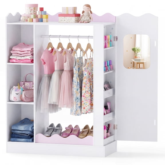 Costway Kids Dress Up Storage with Mirrors, Children Wardrobe Closet with Open Hanging Rack Pink