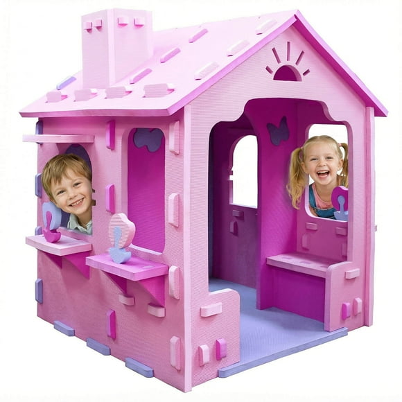 Costway Kids EVA Foam Playhouse with Roof, Chimney, Windows & Doorways for Creative Play Pink + Purple