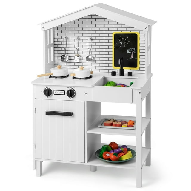 Costway Kids Farmhouse Kitchen Play Set Wooden Pretend Toy with Storage