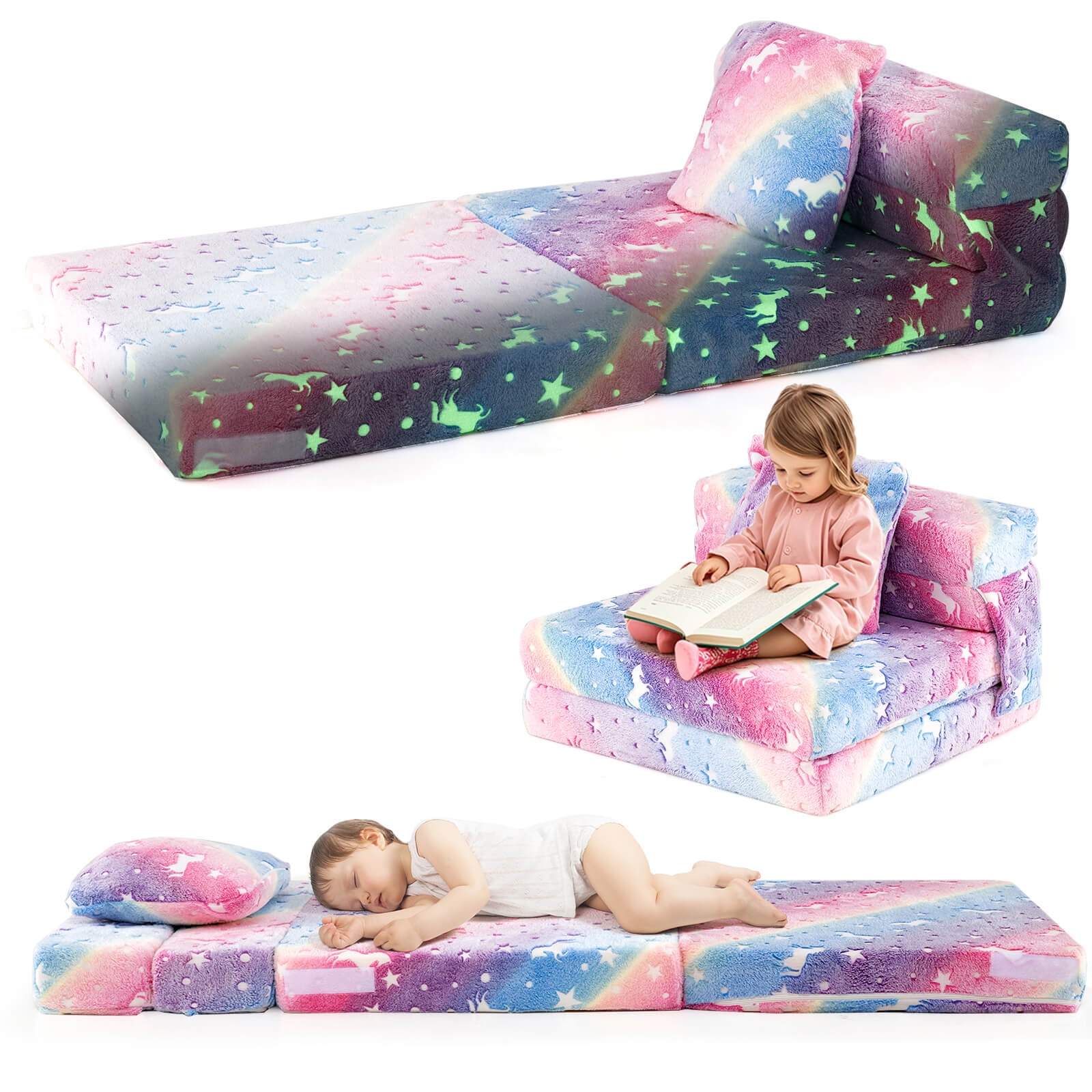 Costway Kids Folding Sofa Bed Floor Mattress with Throw Pillow