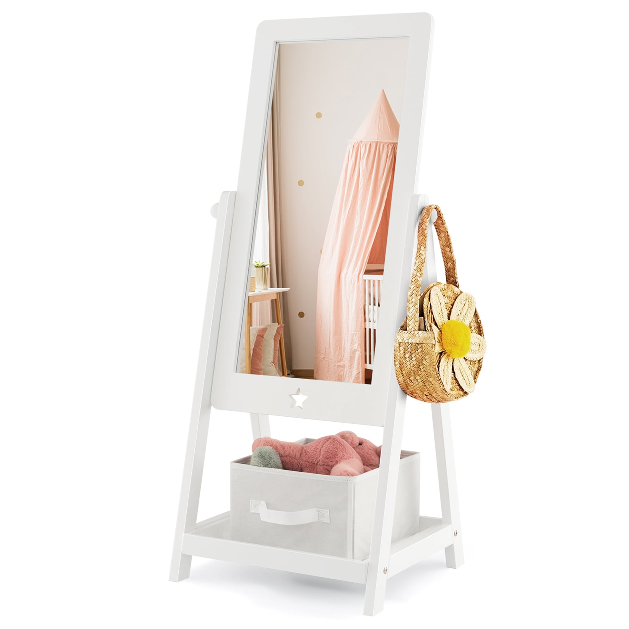 Free Shipping! Costway Kids Safe Standing Whole Body Mirror with Shelf Storage Bin, White ...
