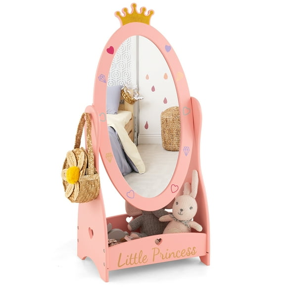 Costway Kids Full Length Mirror Free-Standing 360 Dressing Wooden Princess Storage Pink