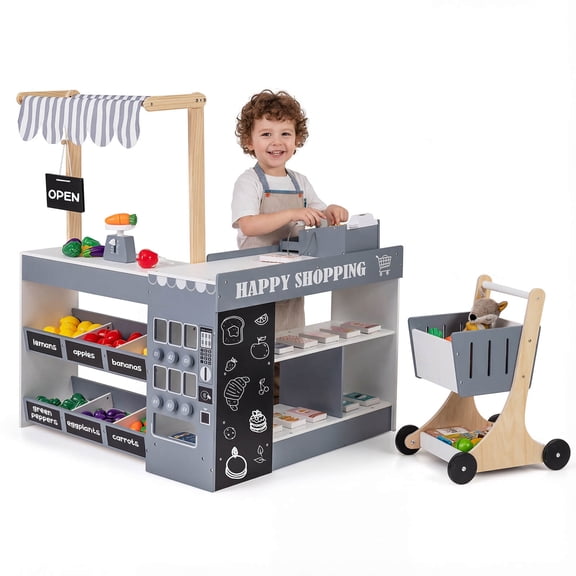 Costway Kids Grocery Store Playset Wooden Pretend Play Supermarket with Shopping Cart Gray + White
