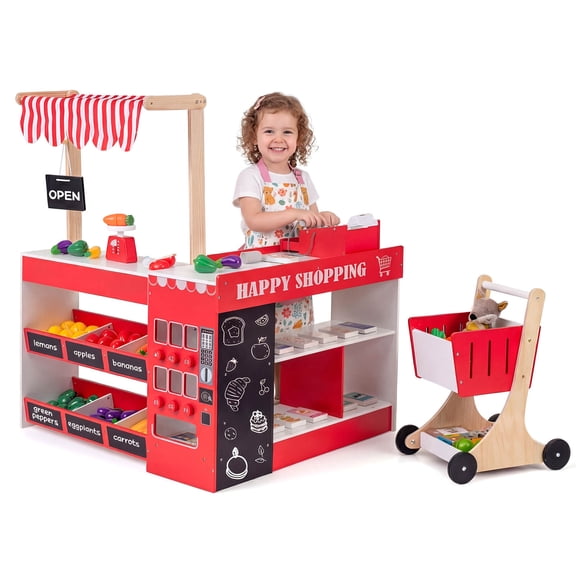 Costway Kids Grocery Store Playset Wooden Pretend Play Supermarket with Shopping Cart Red + White