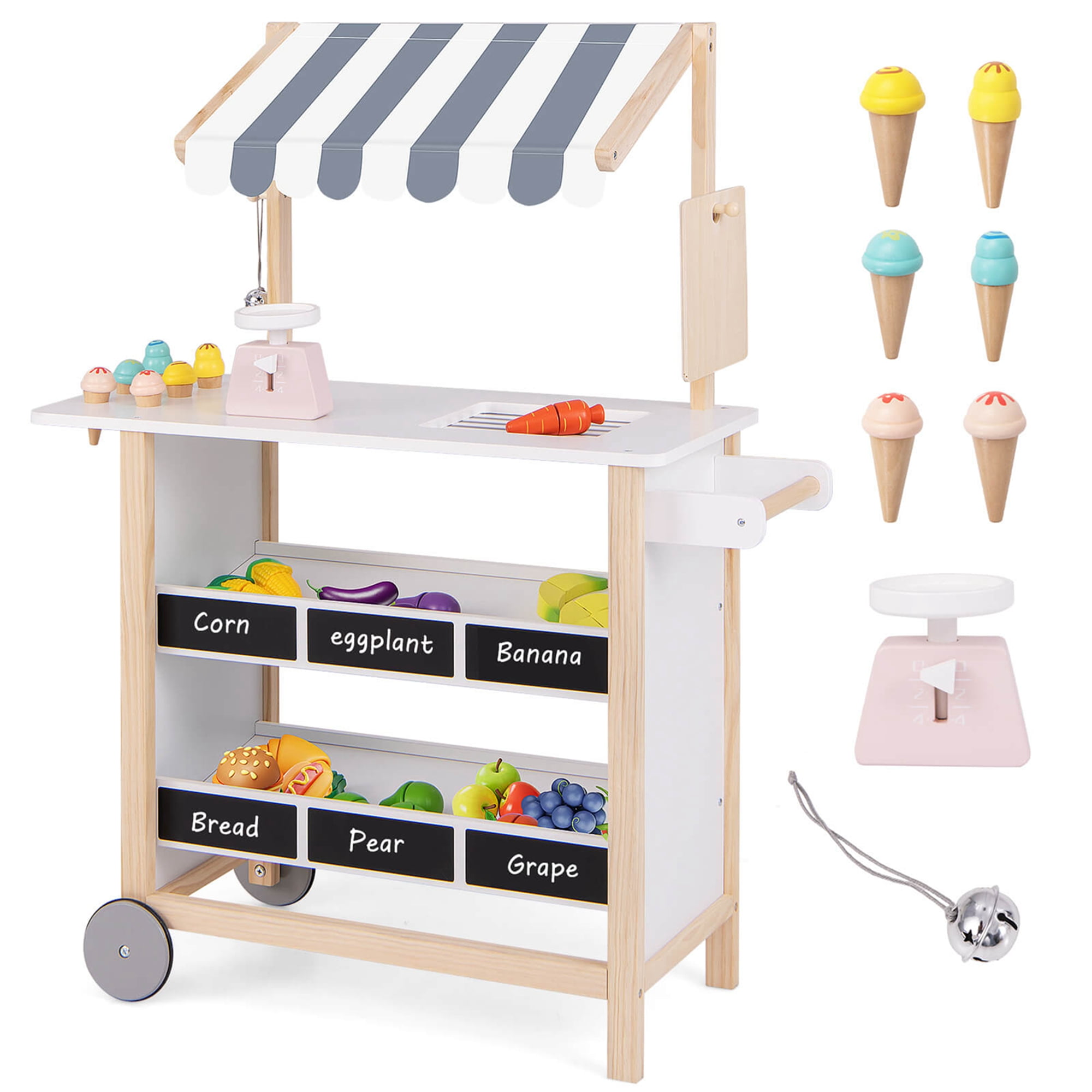 Costway Kids Ice Cream Cart Wooden Toddler Farmers Market Stand with Chalkboard & Storage White