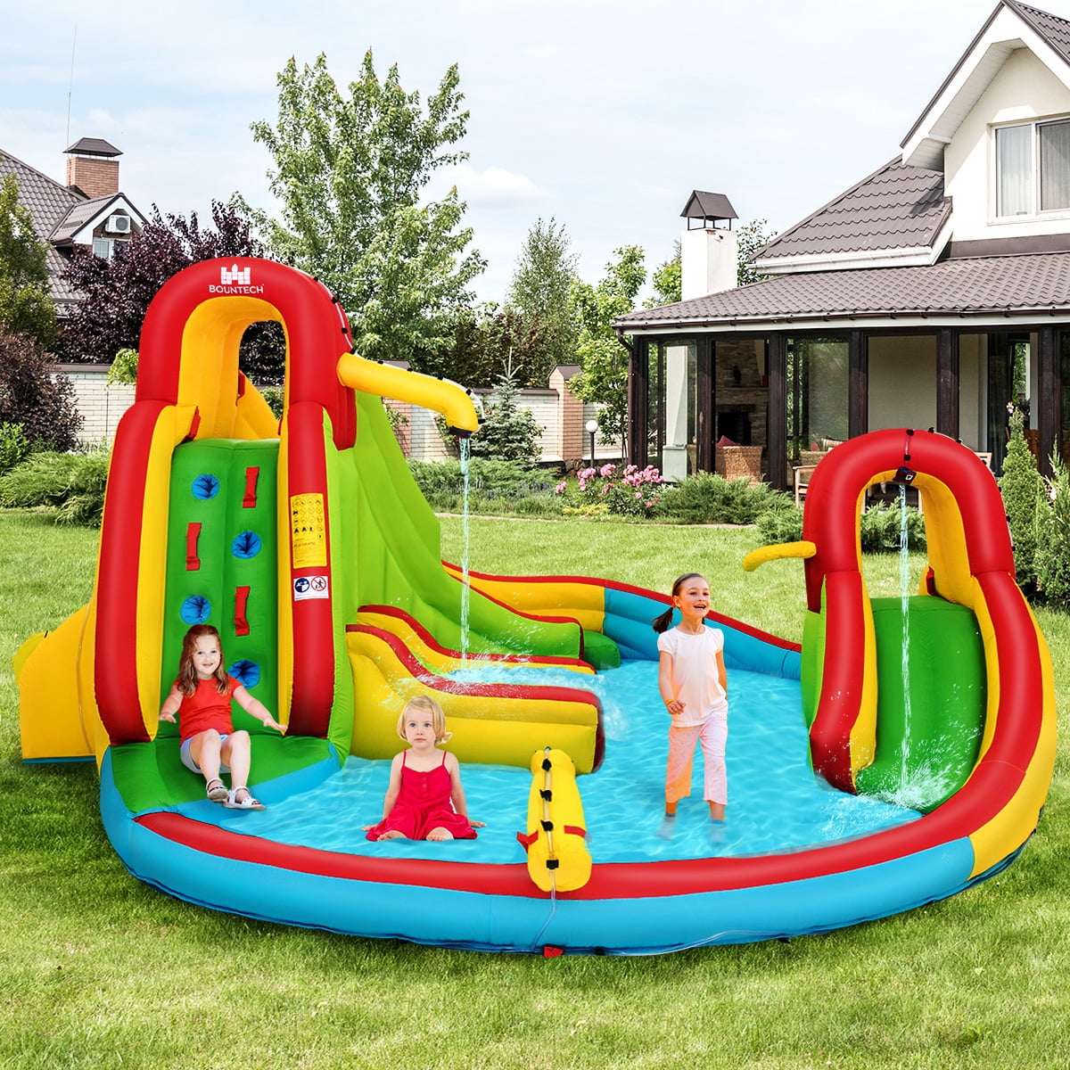 Costway Kids Inflatable Water Slide Park with Climbing Wall Water Cannon and Splash Pool without Blower