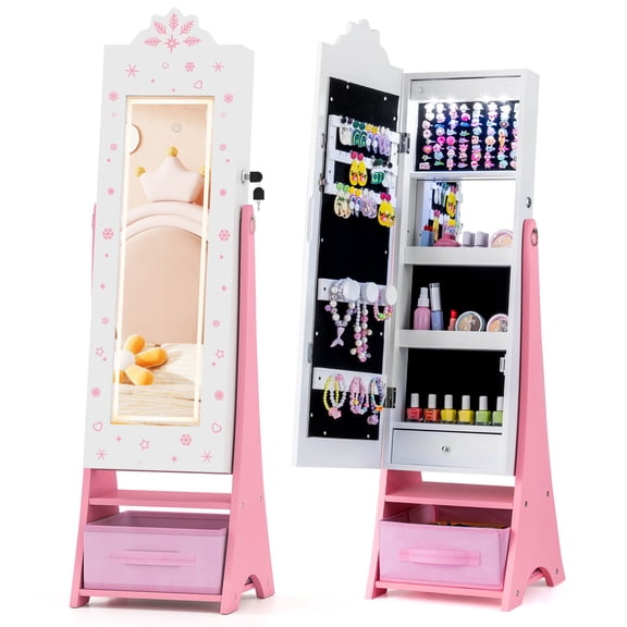 Costway Kids Jewelry Armoire with 3-Color Lighted Full Length Mirror & Inside Led Lights White