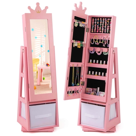 Costway Kids Jewelry Cabinet with Full-Length Mirror Foldable Drawer Anti-toppling System Pink