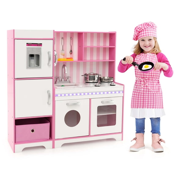 Costway Kids Kitchen Playset Wooden Toy with Adjustable LED Lights & Washing Machine