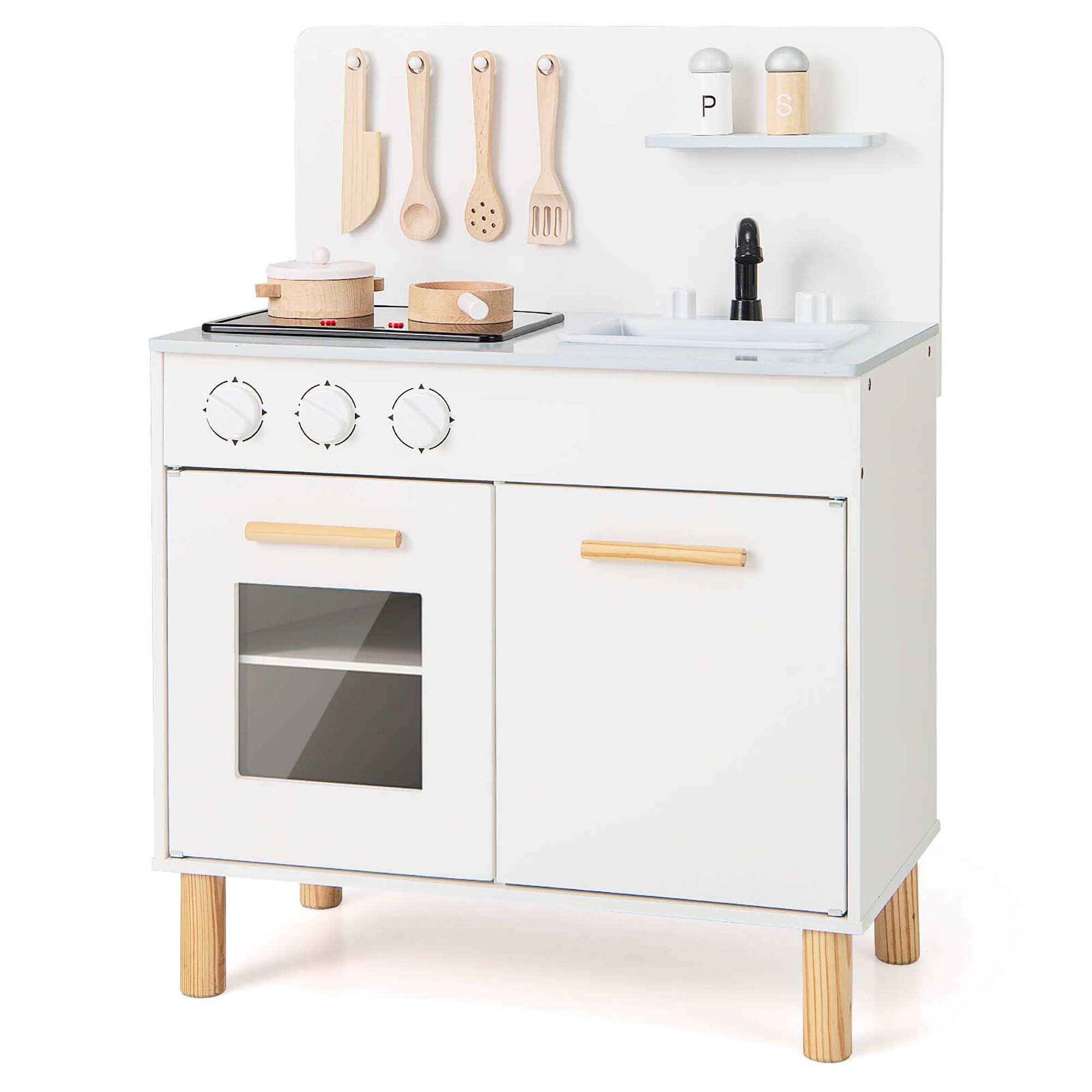 Costway Kids Kitchen Playset with Light up Stove & Cooking Sounds Oven Sink Faucet White