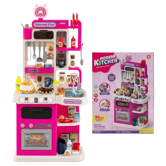 Costway Kids Kitchen Playset with Realistic Sounds Lights Play Sink 95 PCS Accessories Pink