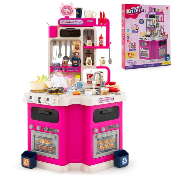 Costway Kids Kitchen Playset with Sounds Lights Steam Play Sink 113 PCS Accessories Pink
