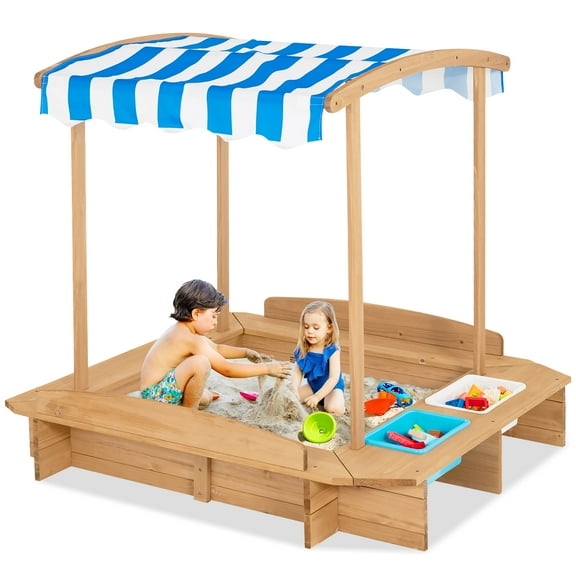 Costway Kids Large Wooden Sandbox w/ 2 Bench Seats Outdoor Play for Children
