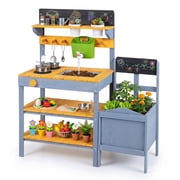 Costway Kids Mud Kitchen Set Wooden Outdoor Play Kitchen with Water Reservoir Sink Plant Pots Blue + Yellow