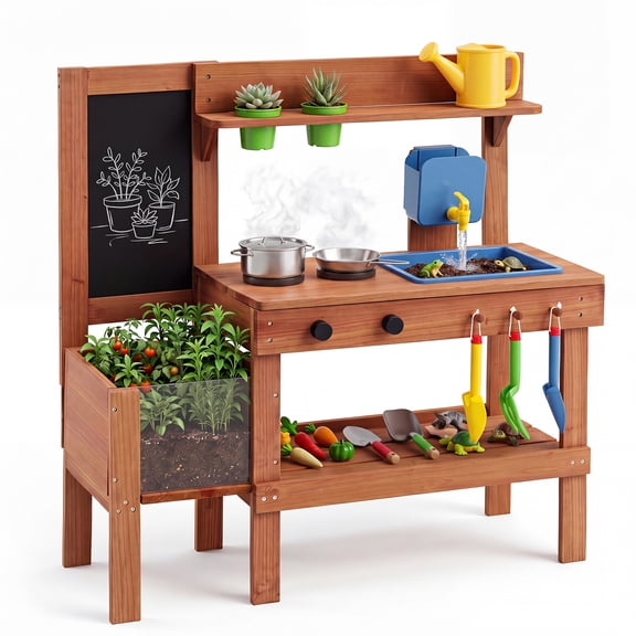 Costway Kids Mud Kitchen with Planter Box, Sink, Stoves, Chalkboard & 13 Accessories
