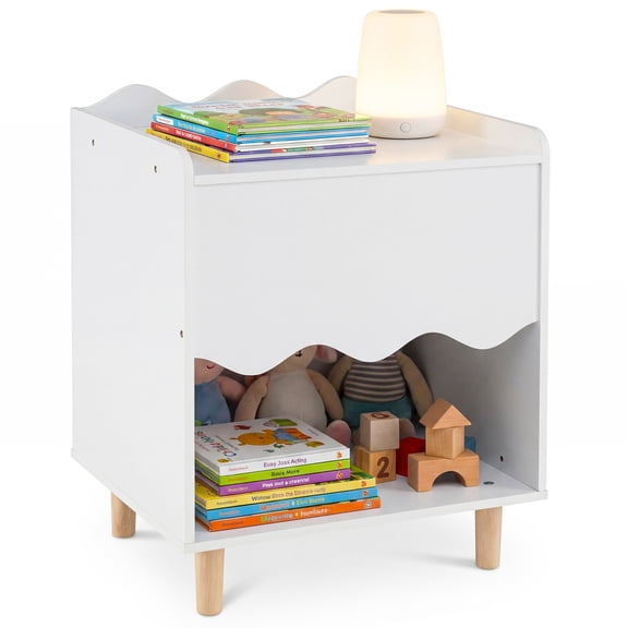 Costway Kids Nightstand, Toddler Scalloped Side Table with Wide Top & Open Compartment White