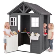 Costway Kids Outdoor Playhouse with Sink, Spruce Wooden Cottage with Half Door, Flower Pots Gray