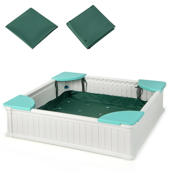 Costway Kids Outdoor Sandbox 48.5" x 48.5" x 12.5" Large HDPE Sandpit with Oxford Cover White