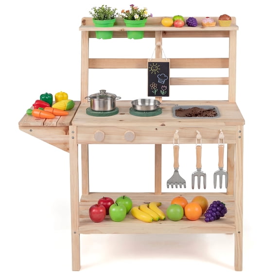 Costway Kids Play Kitchen Set Wooden Kitchen Playset with Stoves Sink Rotation Natural