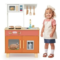 Costway Kids Play Kitchen with Microwave Stoves Rotation Knobs Ice Dispenser Faucet Sink Brown