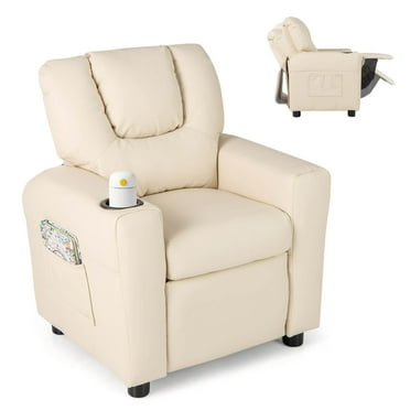 Costway Kids Recliner Chair with Cup Holder & Side Pocket Adjustable Backrest Footrest Beige