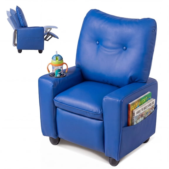 Costway Kids Recliner for Ages 3+, PU Leather Push Back Toddler Sofa with Cup Holder Blue