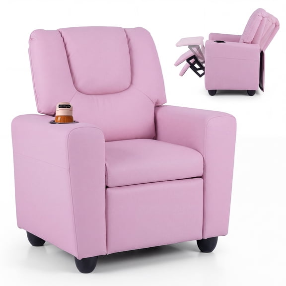Costway Kids Recliner with Cup Holder Adjustable Backrest & Footrest for Boys & Girls Pink