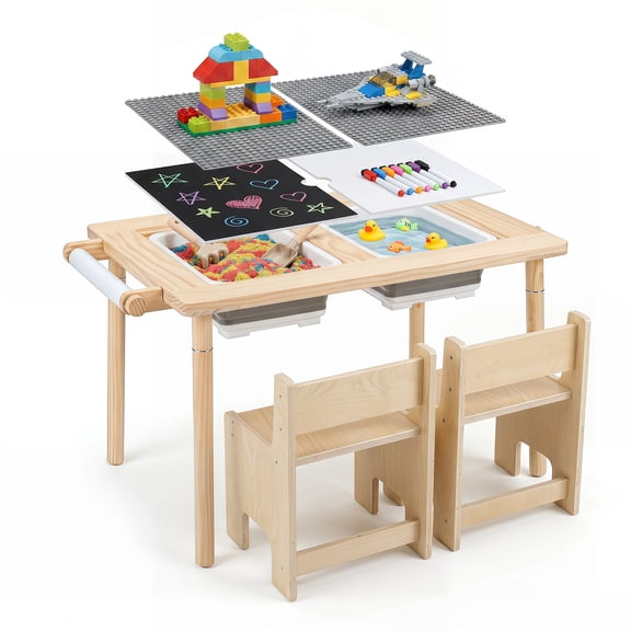 Costway Kids Sensory Table and Chair Set with Adjustable Height, Dual Sided Top, 2 Bins