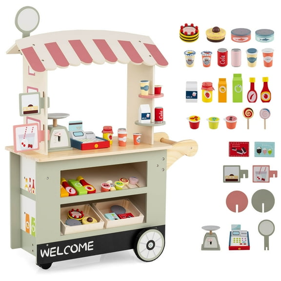 Costway Kids Snacks & Sweets Food Cart Kids Toy Cart Play Set with 30 PCS Accessories Green