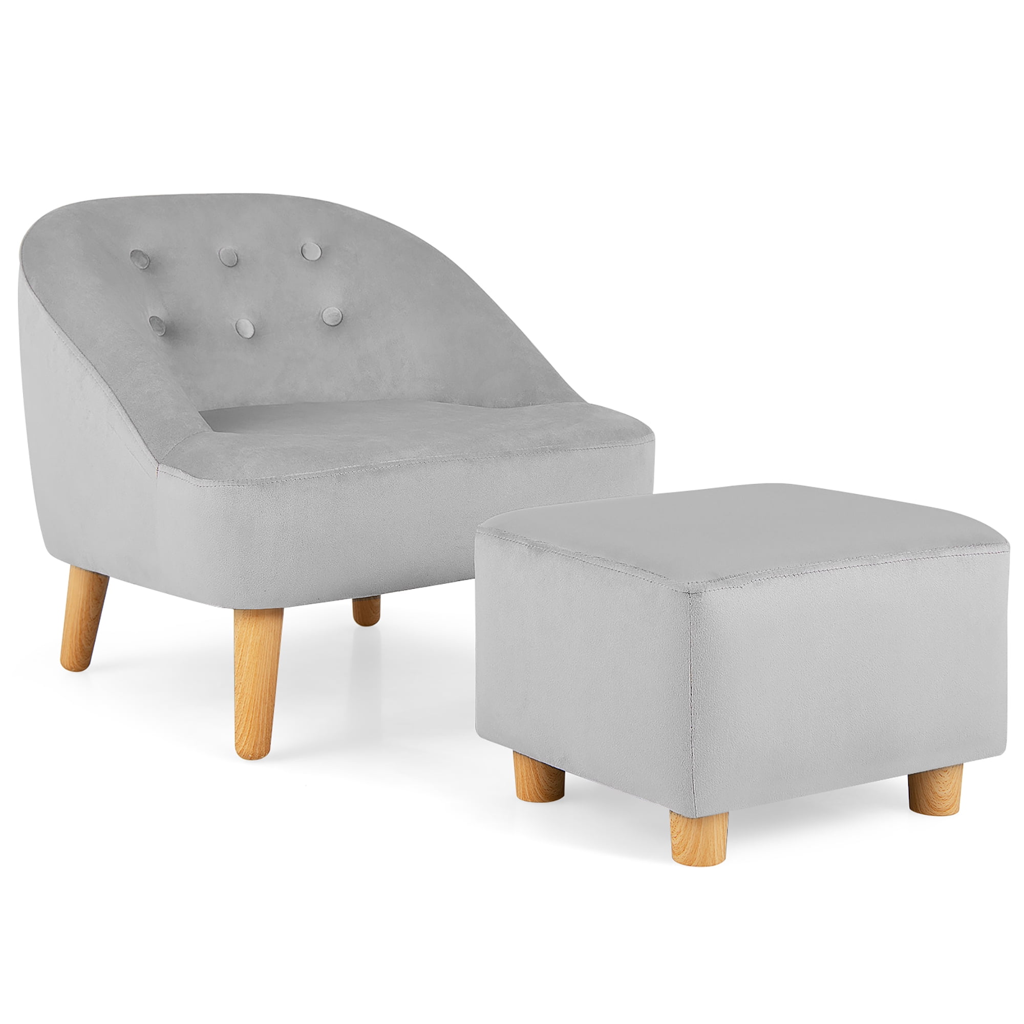Gray Velvet Kids Barrel Accent Chair with Ottoman