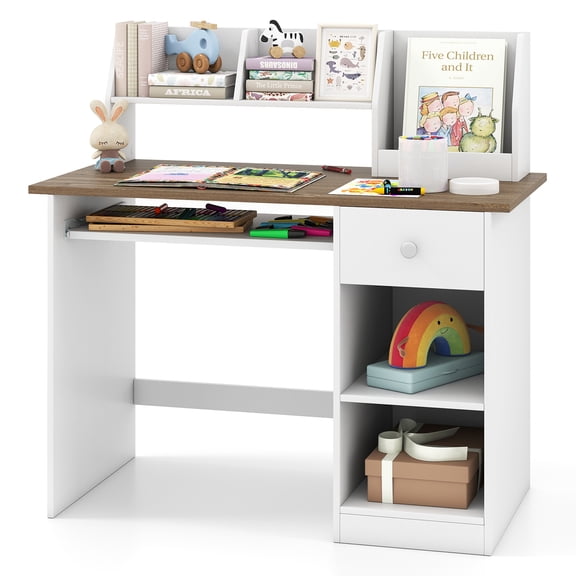 Costway Kids Study Desk, Wooden Writing Table with Keyboard Tray & Drawer,Side Bookshelf Natural