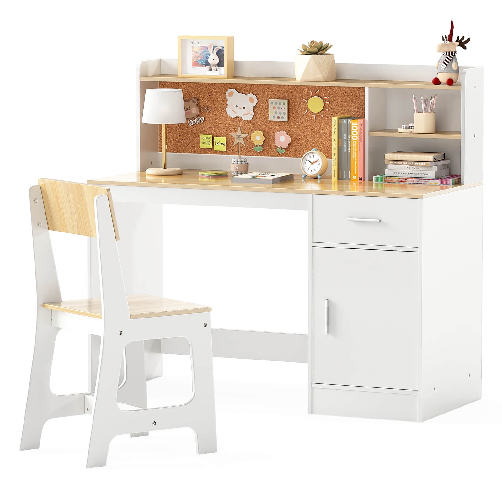 Costway Kids Study Desk and Chair Set Wooden Children Writing Table with Shelves & Drawer Beige