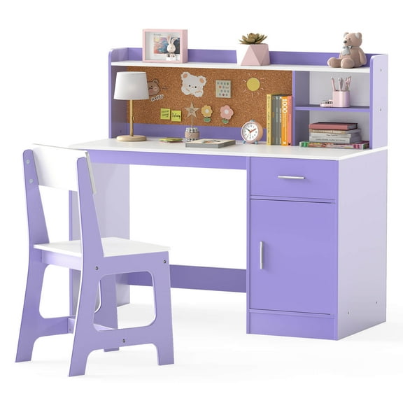 Costway Kids Study Desk and Chair Set Wooden Children Writing Table with Shelves & Drawer Purple