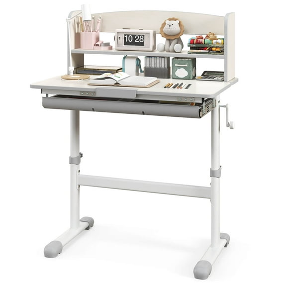 Costway Kids Study Desk with 7-Level Tiltable Desktop Adjustable Height Pull Out Drawer Grey