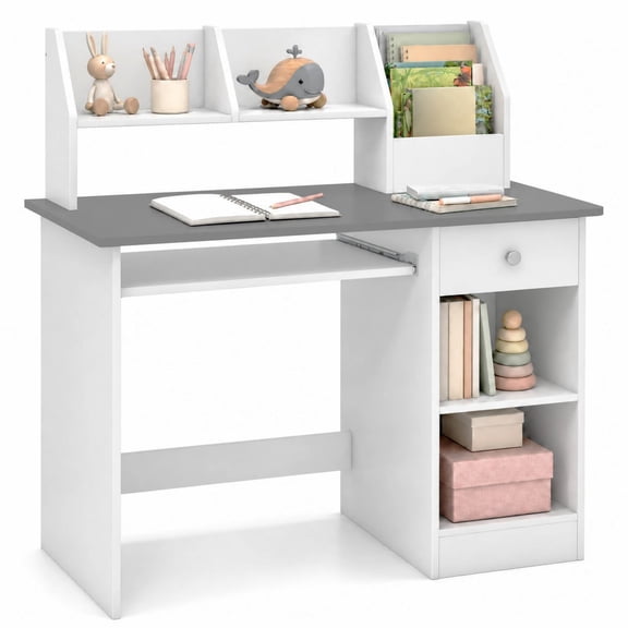 Costway Kids Study Desk with Keyboard Tray & Drawer, Side Bookshelf & Upper Shelves White + Gray