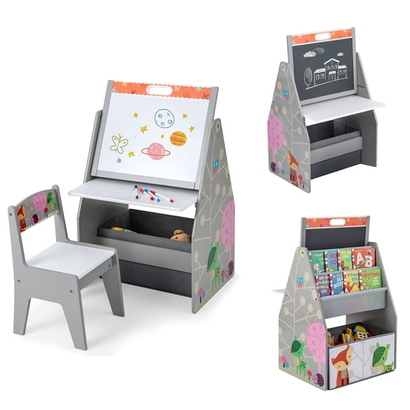 Costway Kids Table & Chair Set with Rotatable Double-sided Magnetic Blackboard & Whiteboard Grey