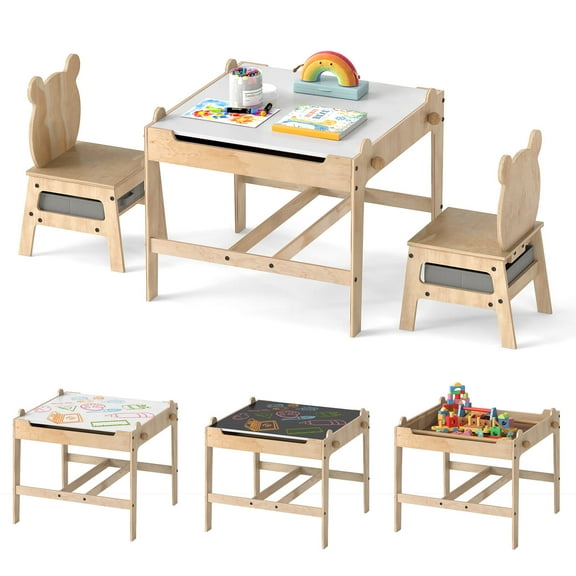 Costway Kids Table and Chairs Set 4 in 1 Children Activity Table with Chalkboard for Arts Gray+Natural