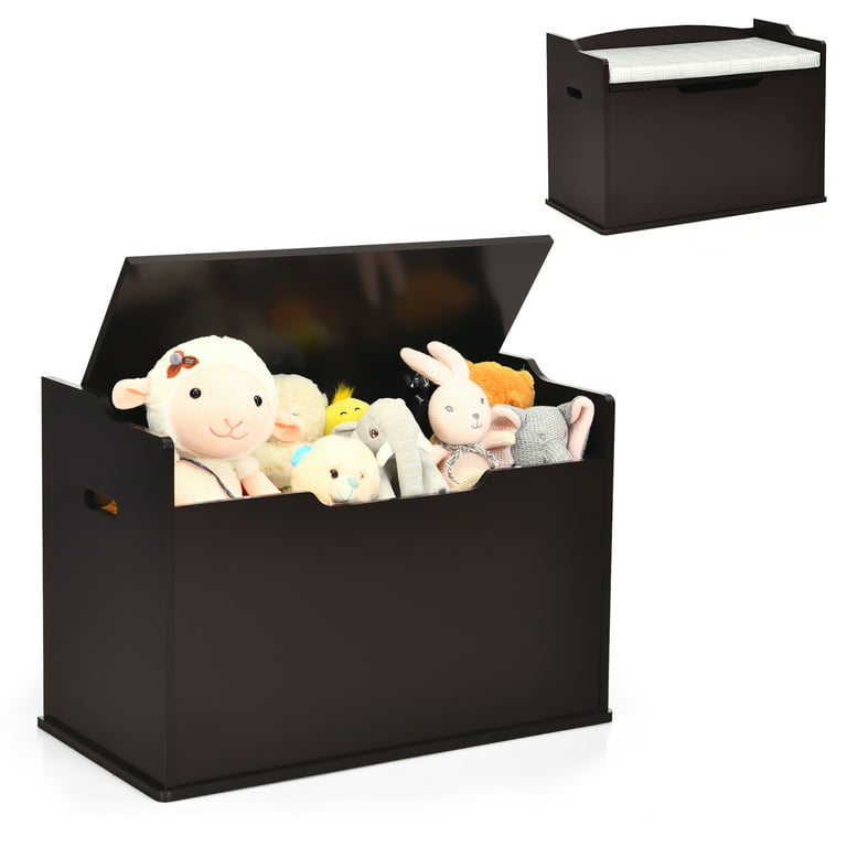 Costway Kids Toy Box Wooden Flip-top Storage Chest Bench W/ Cushion Safety  Hinge Brown 