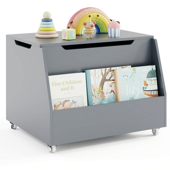 Costway Kids Toy Box Wooden Mobile Toy Storage Organizer with Bookshelf & Lockable Wheels Gray