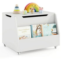 Costway Kids Toy Box Wooden Mobile Toy Storage Organizer with Bookshelf & Lockable Wheels White