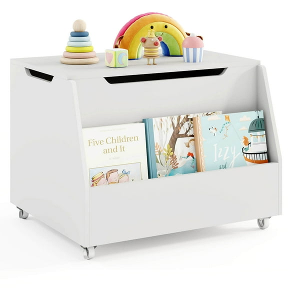 Costway Kids Toy Box Wooden Mobile Toy Storage Organizer with Bookshelf & Lockable Wheels White